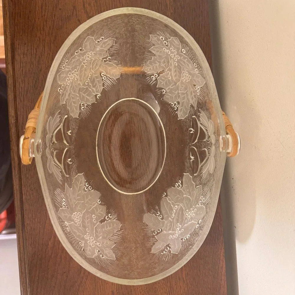 Vtg Frosted Clear Glass Holiday Basket Holly Berry Christmas Bells Woven Handle